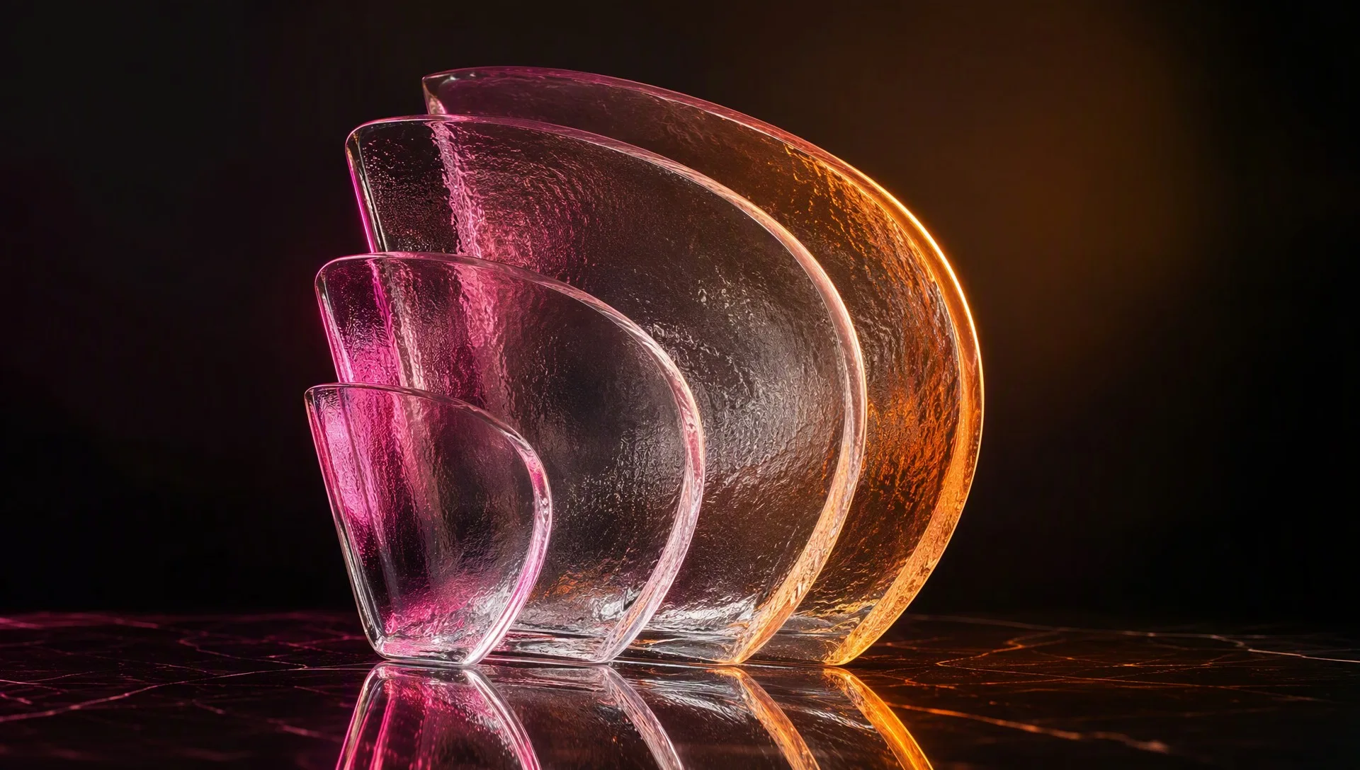 Nested curved glass panels forming a single layered shell