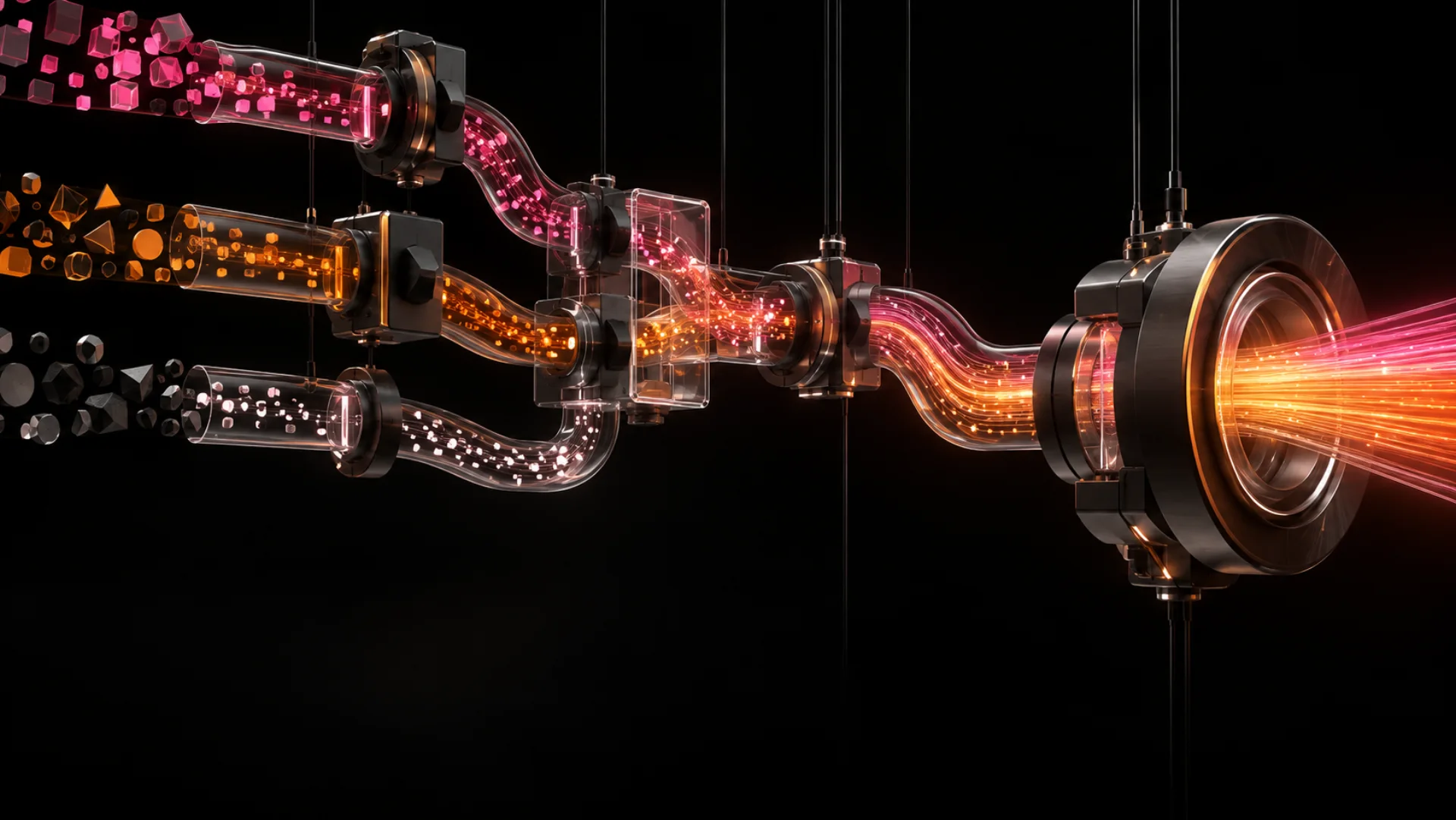 Fragmented inputs converging through a clear automated pipeline in Enginecy pink and orange