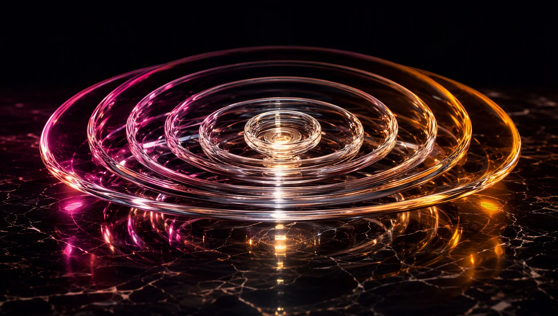 Concentric glass rings pressed outward in widening waves from a bright core