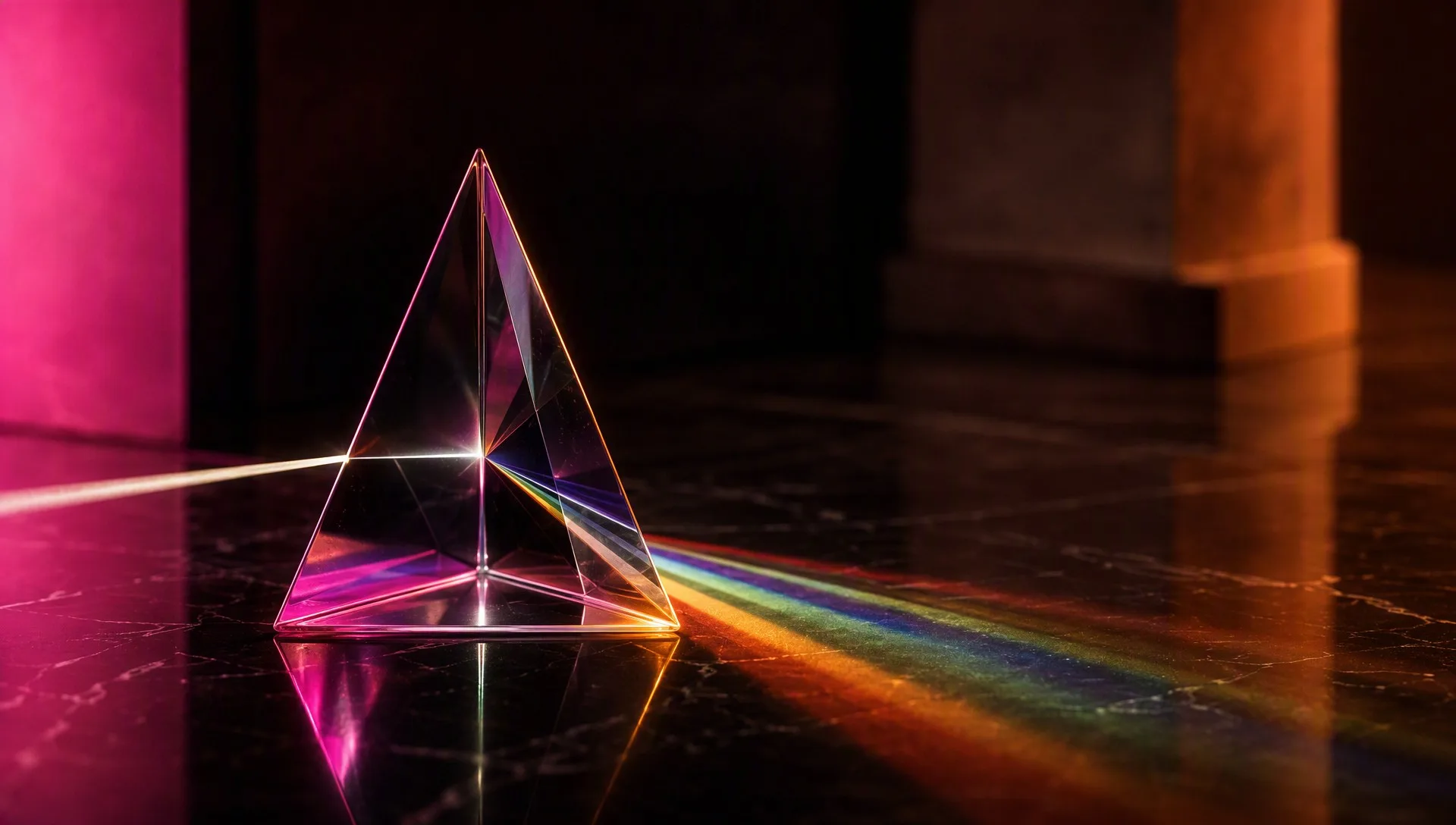 A faceted glass prism splitting one beam of light into several diverging beams