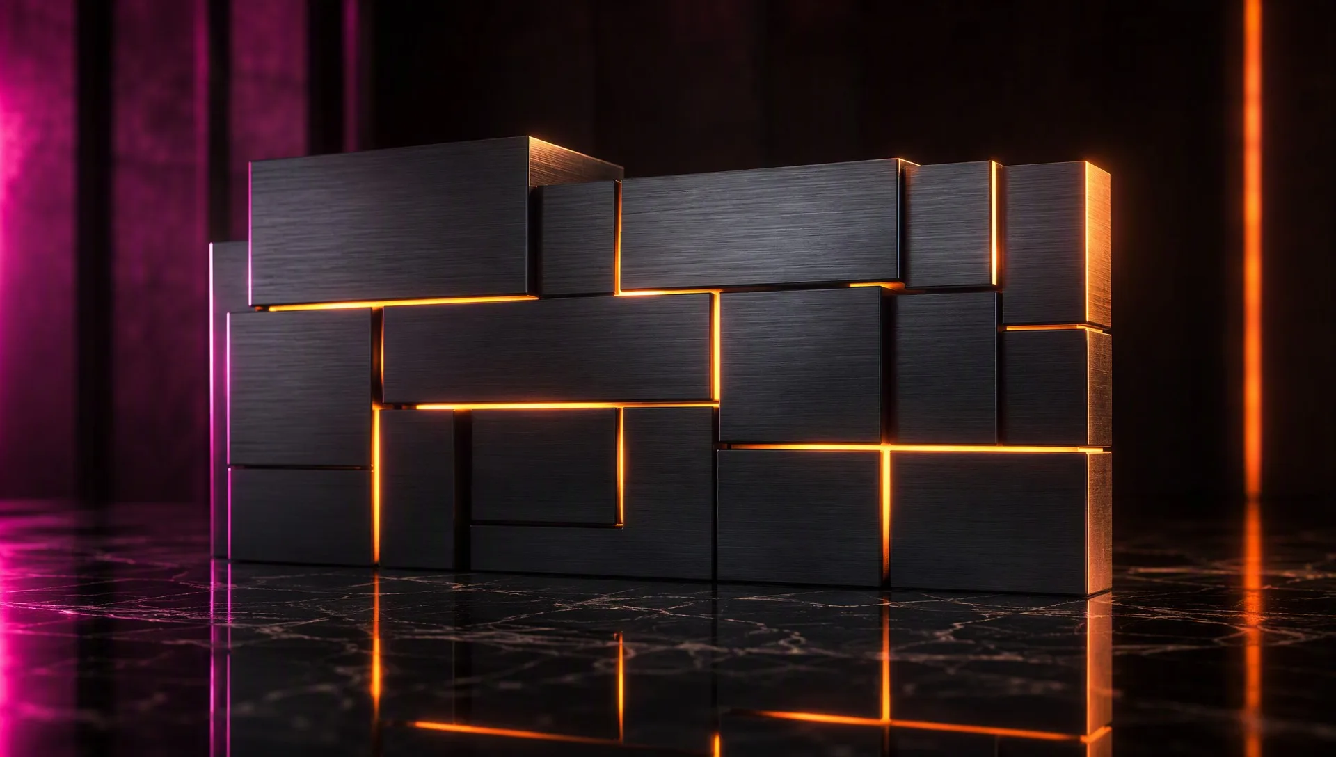 Interlocking dark metal modules joined by fine illuminated filament channels