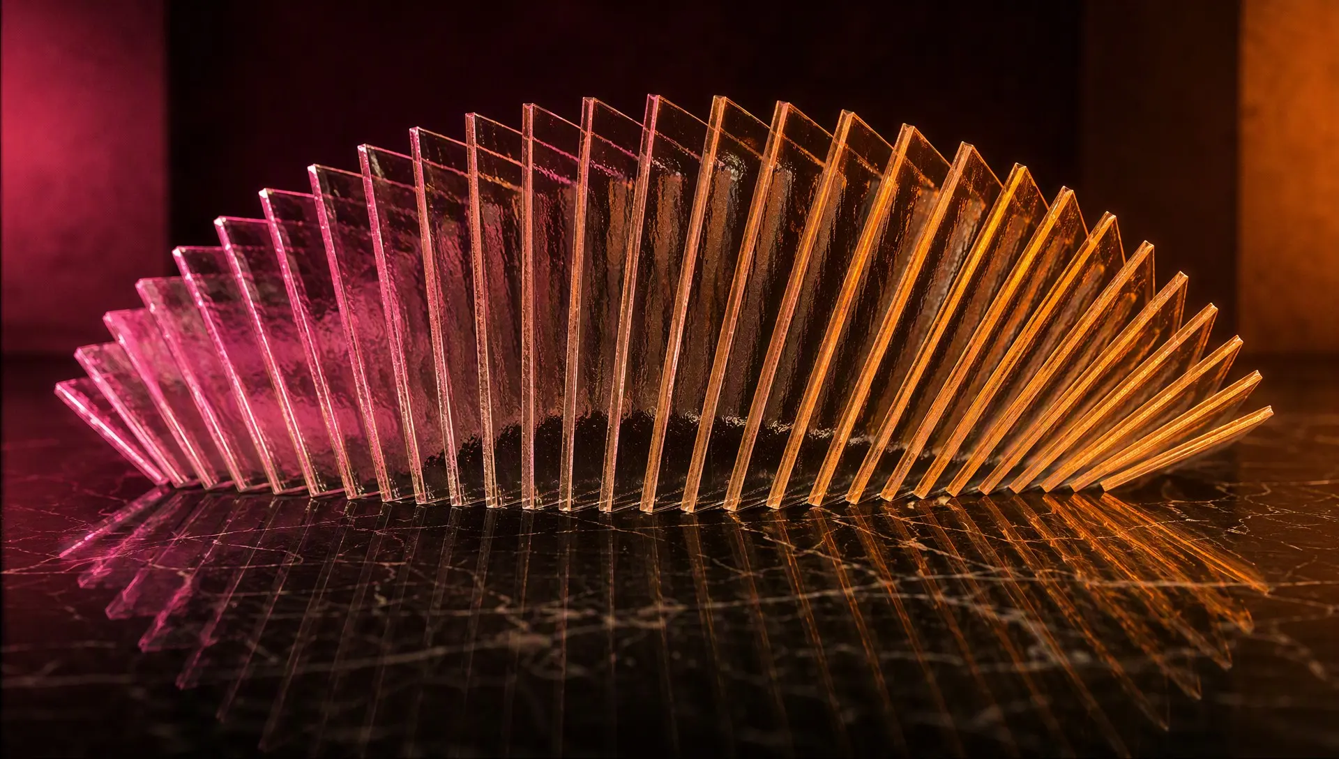 Glass panels fanned out, catching pink and orange light