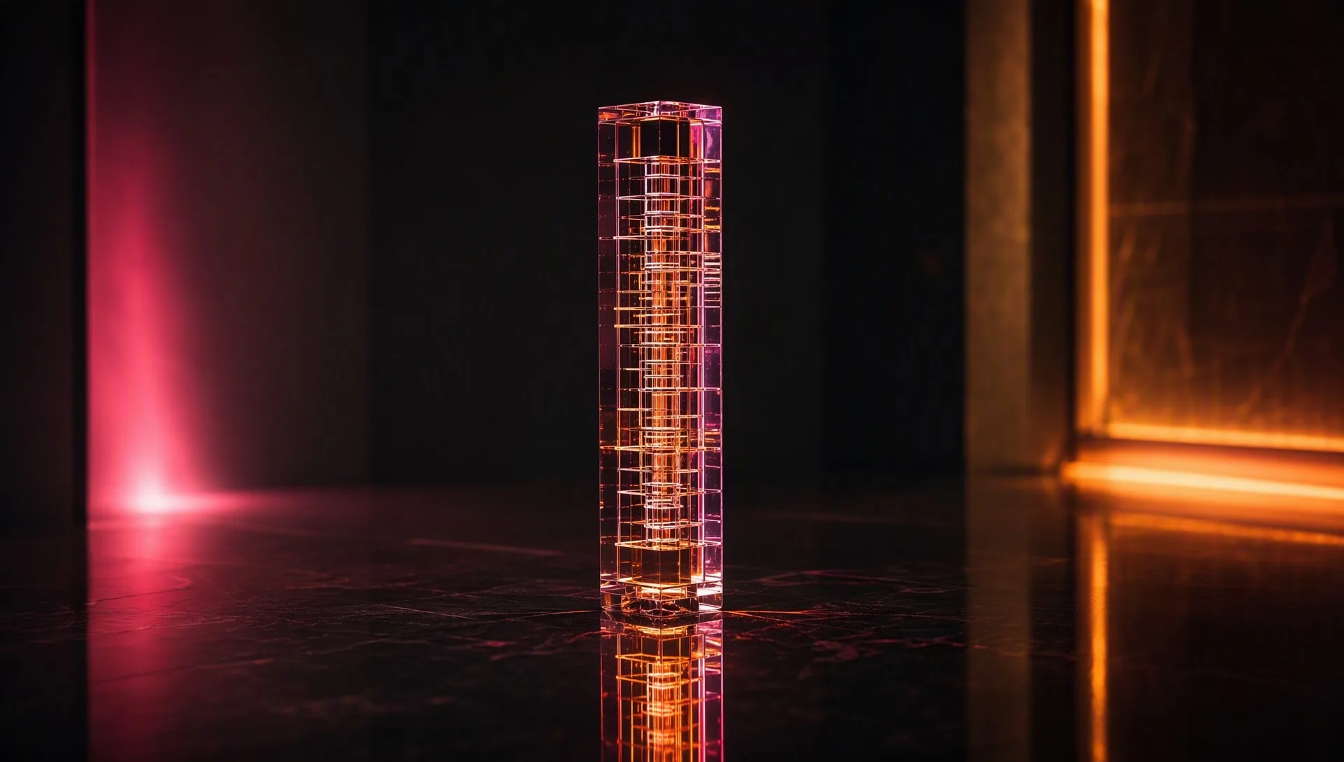 A tall monolith of cast glass with a precise rectilinear grid structure suspended inside it