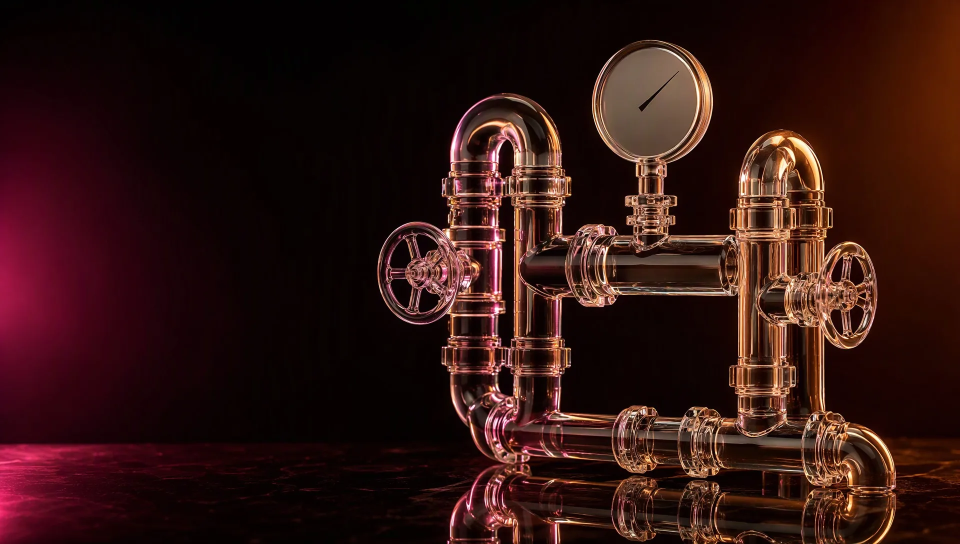 Glass pipes, two valves and a blank gauge as one closed loop on dark marble under magenta and amber rim light.