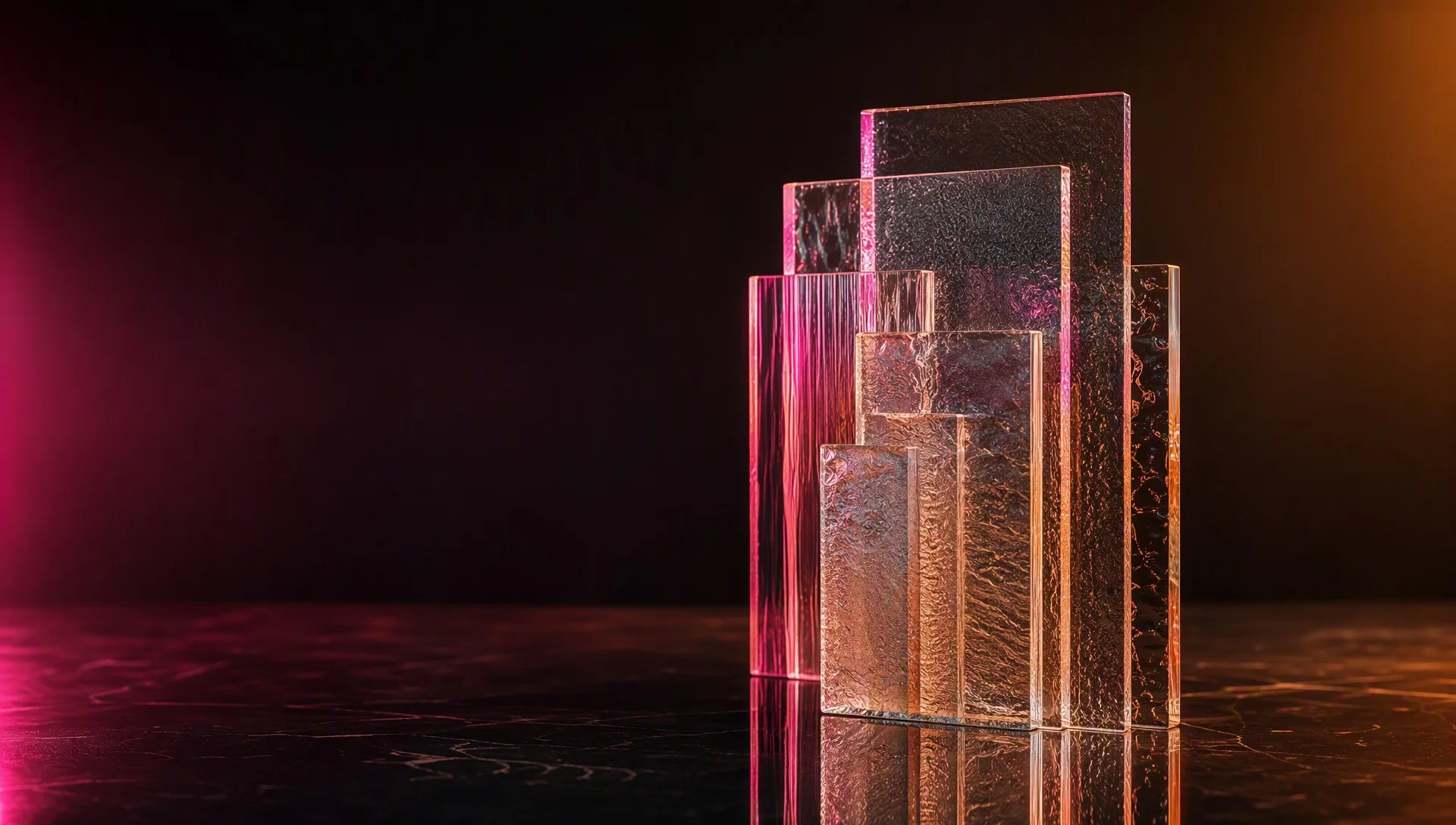 Cast-glass panels nested into one layered structure
