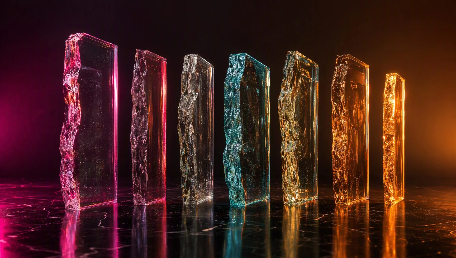 Cast-glass forms standing together under pink and orange studio light