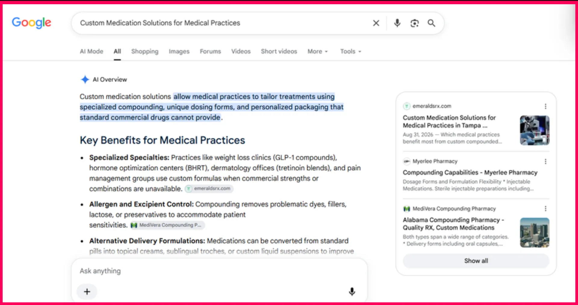 A Google AI Overview citing emeraldsrx.com for custom medication solutions for medical practices, August 2026.