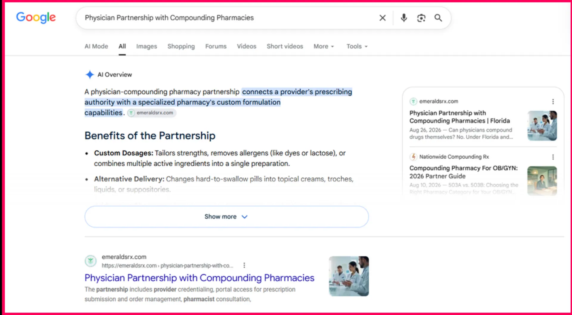 A Google AI Overview citing emeraldsrx.com for physician partnerships with compounding pharmacies, August 2026.