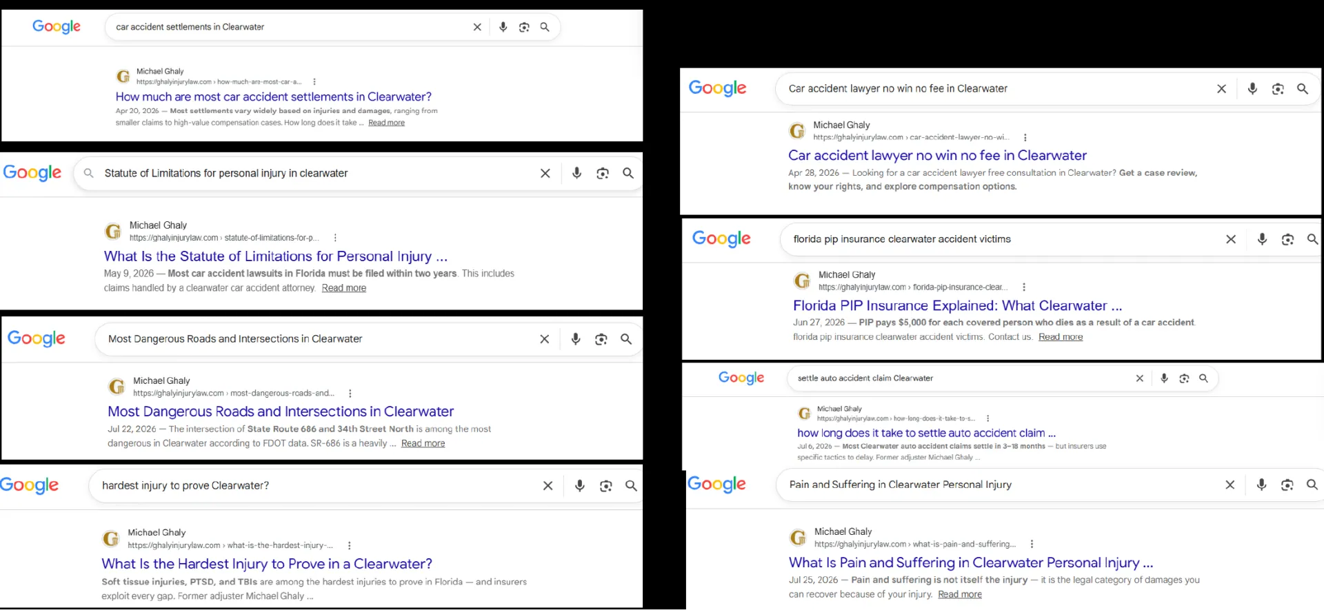Google results for Clearwater injury questions, captured for the August 2026 report.