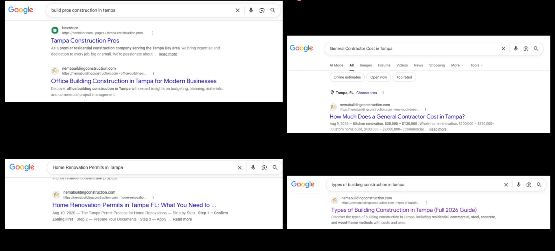 Google results for Tampa construction questions, captured for the August 2026 report.