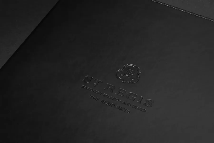 St. Regis Saadiyat Island Abu Dhabi The Residences embossed logo on black leather.
