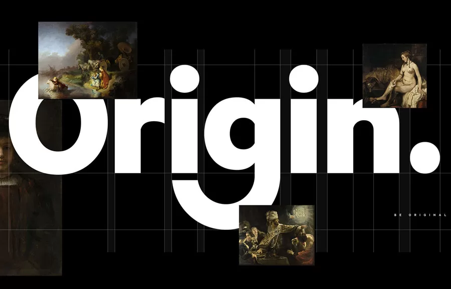 The word Origin in large white sans-serif font with classical paintings integrated into the letters. Text 'BE ORIGINAL' is in the bottom right.