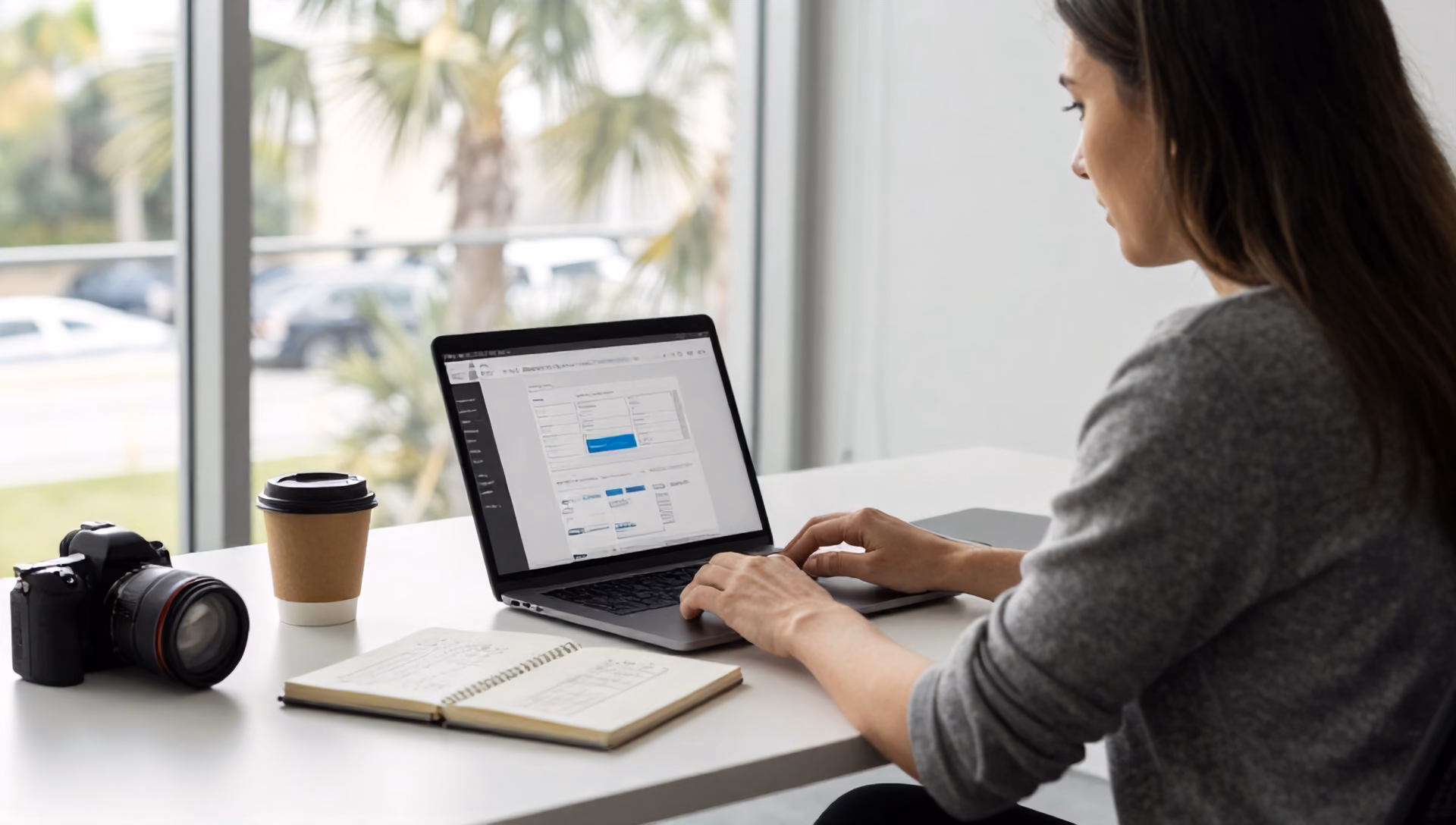 A professional web designer working at a clean, modern desk. A designer sits at a bright, minimalist desk in a Tampa office with floor-to-ceiling windows showi…