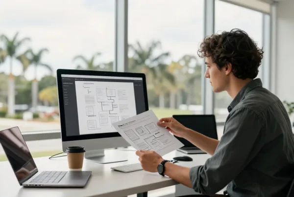 A professional web designer. A designer sitting at a clean, modern desk in a sunlit Tampa office, reviewing a physical printed sitemap and a wireframe layout o…