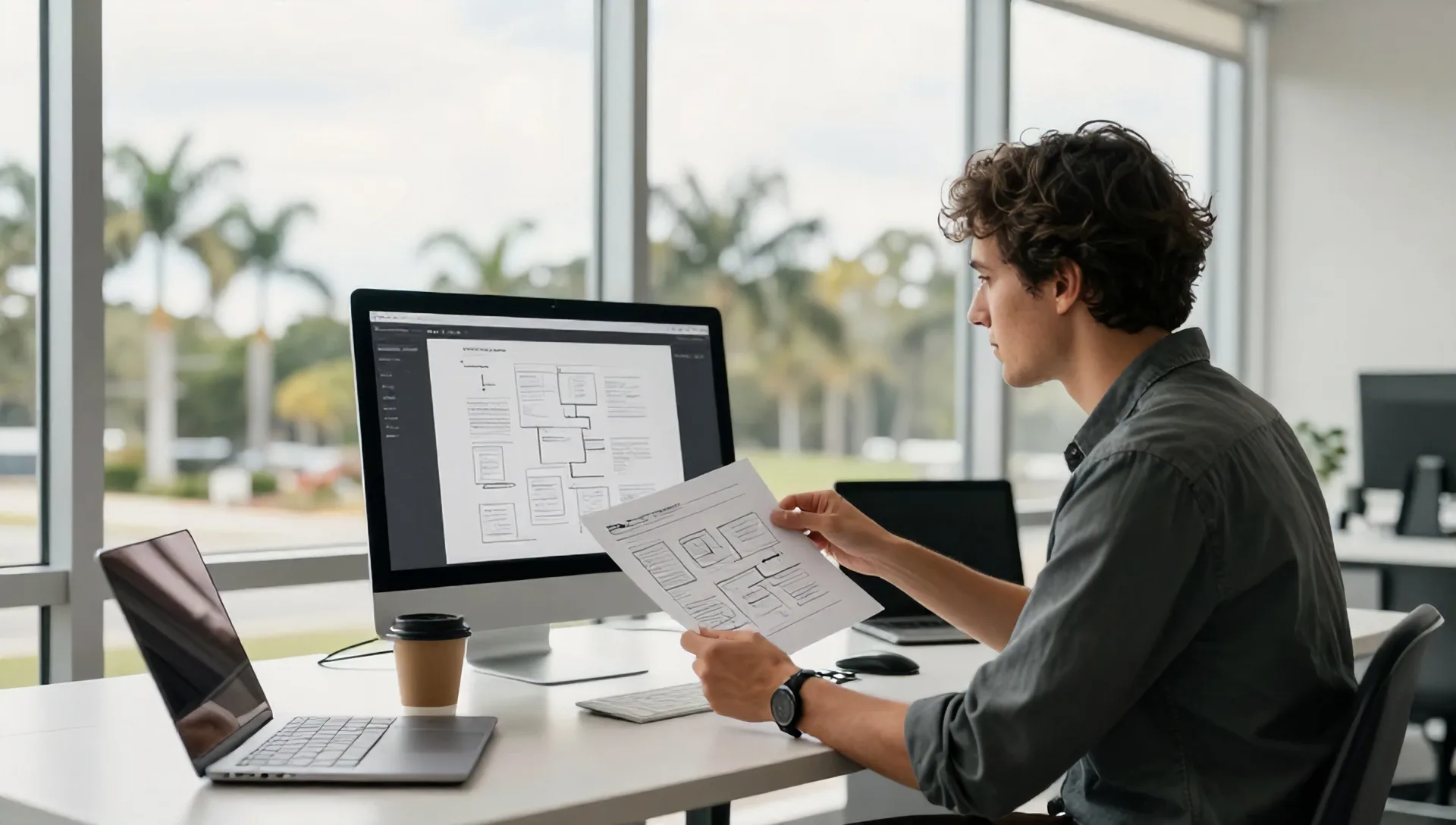 A professional web designer. A designer sitting at a clean, modern desk in a sunlit Tampa office, reviewing a physical printed sitemap and a wireframe layout o…