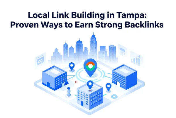 Create a clean, modern, professional isometric illustration for a blog featured image about "Local Link Building in Tampa: Proven Ways to Earn Strong Backlinks…