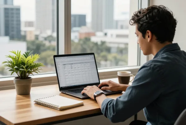 A local Tampa small business owner. A business owner sitting at a clean, minimalist wooden desk in a sunlit office overlooking a view of the Tampa skyline