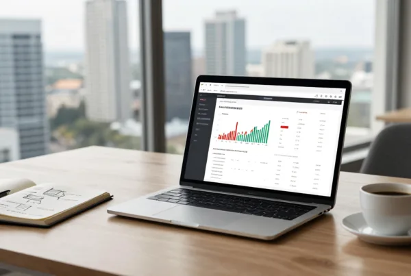A laptop screen displaying a complex website diagnostic dashboard. A clean, modern office desk in a high-rise building overlooking the Tampa skyline during the…