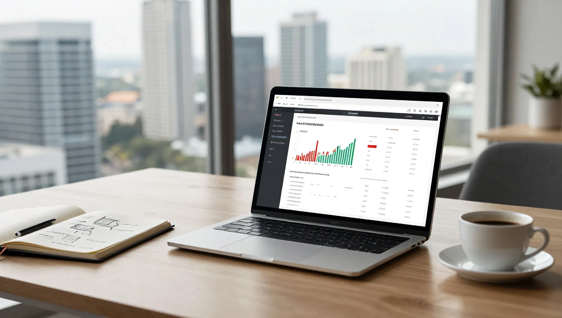 A laptop screen displaying a complex website diagnostic dashboard. A clean, modern office desk in a high-rise building overlooking the Tampa skyline during the…