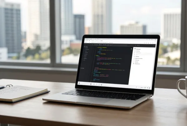 A professional laptop screen displaying a complex website code structure. A clean, modern office desk overlooking a sunlit Tampa skyline through a large window