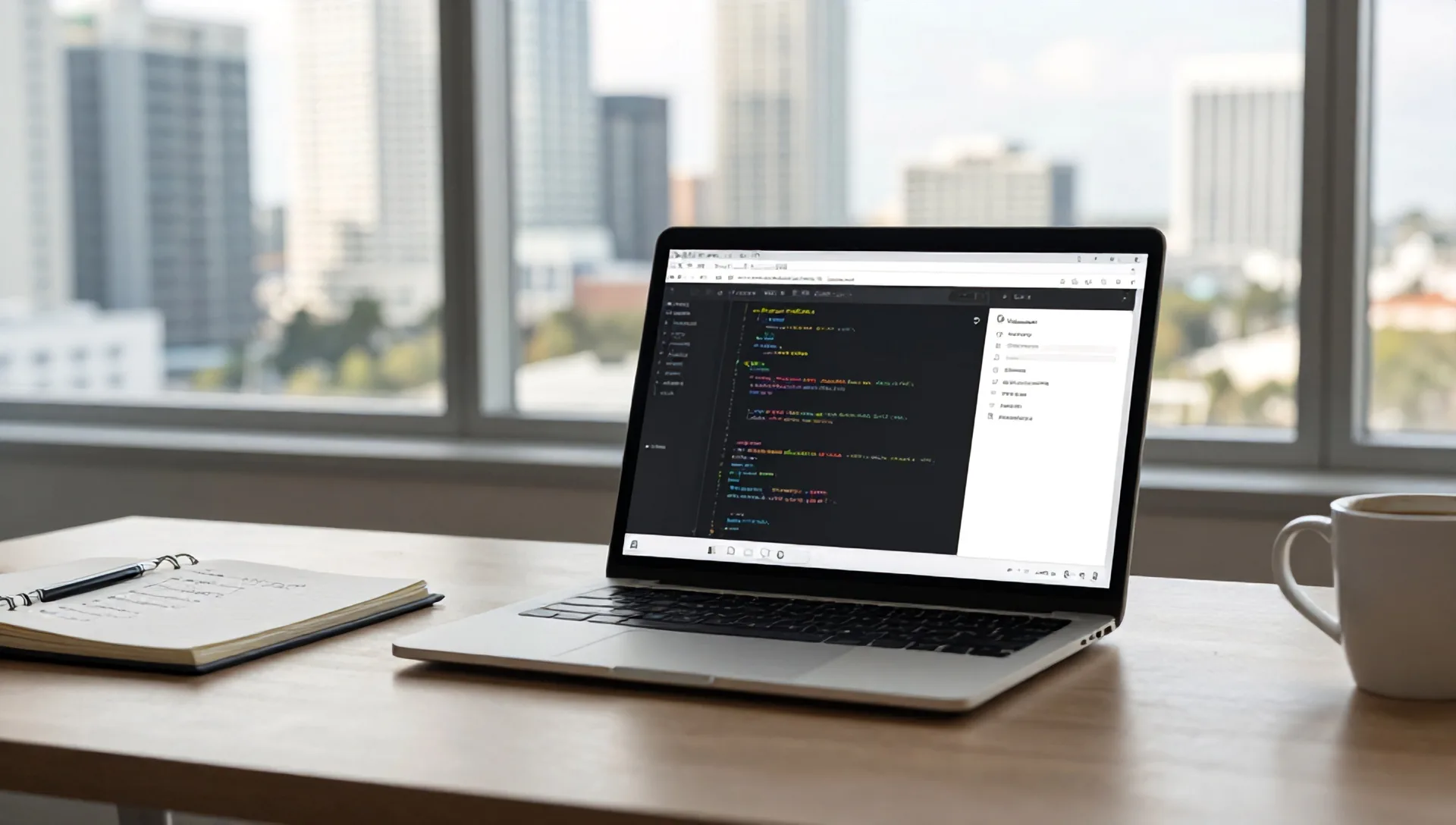 A professional laptop screen displaying a complex website code structure. A clean, modern office desk overlooking a sunlit Tampa skyline through a large window
