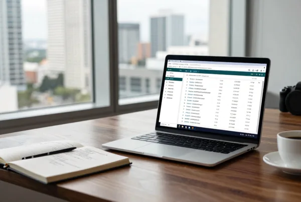A professional desktop workspace in a Tampa office. A high-end laptop screen displaying a complex SEO audit dashboard with multiple URL strings and error marke…
