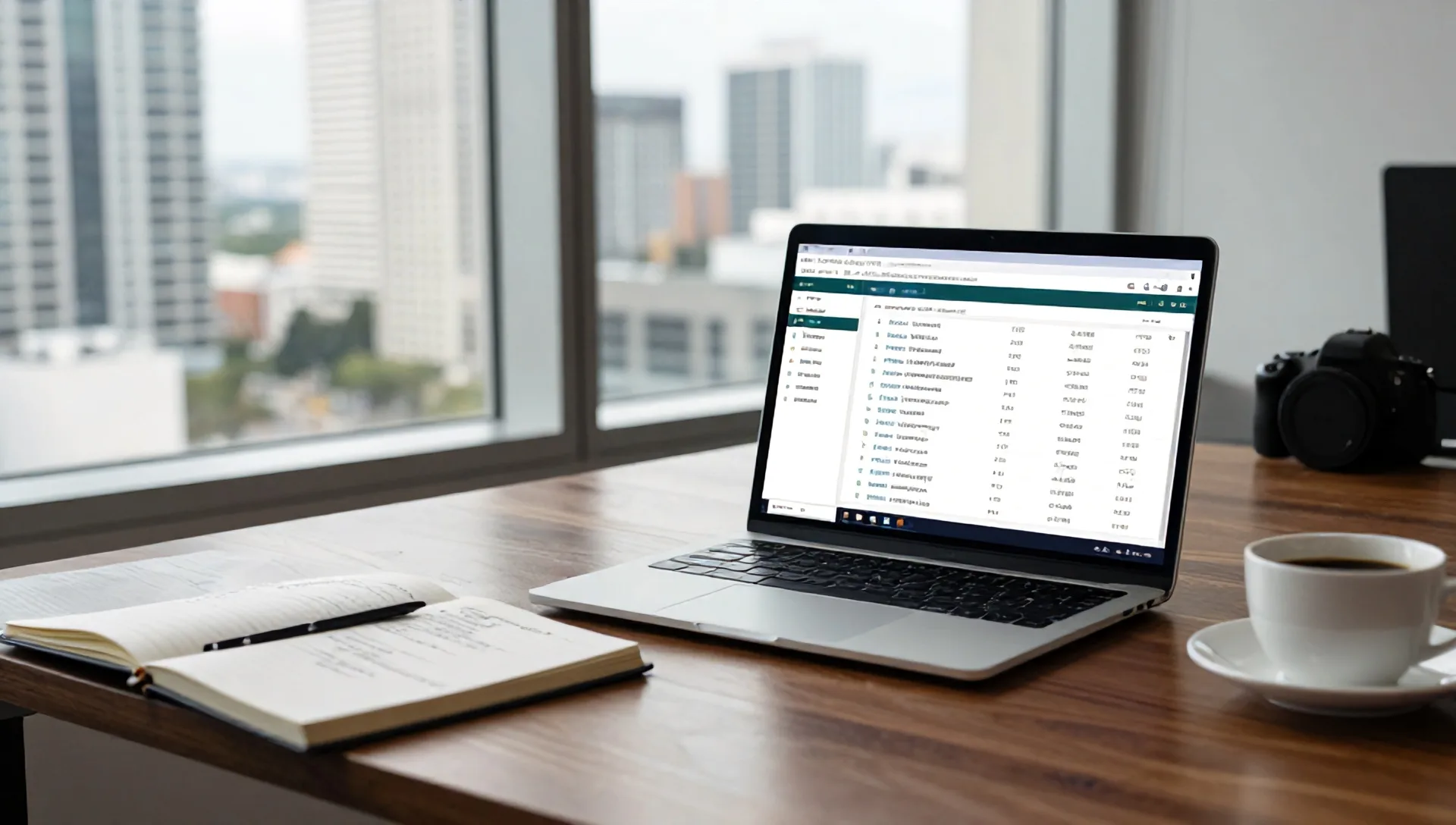 A professional desktop workspace in a Tampa office. A high-end laptop screen displaying a complex SEO audit dashboard with multiple URL strings and error marke…