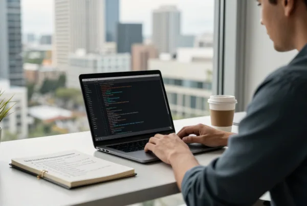 A software developer working at a desk. A professional sitting at a clean, modern desk in a sunlit office overlooking the Tampa skyline through a large window