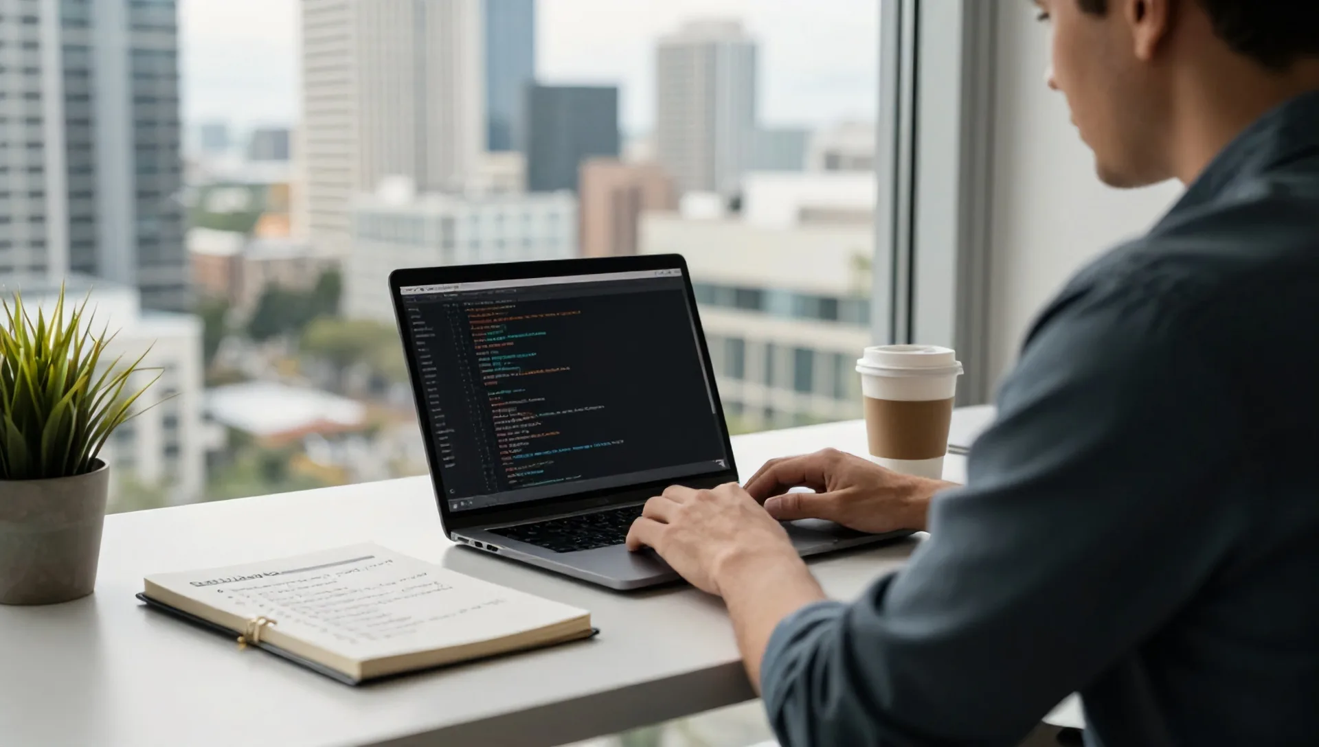 A software developer working at a desk. A professional sitting at a clean, modern desk in a sunlit office overlooking the Tampa skyline through a large window