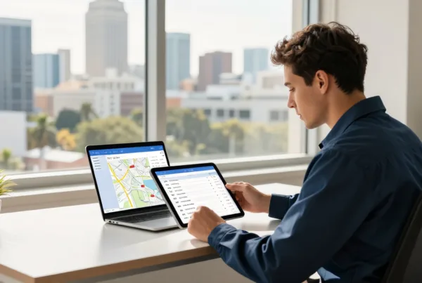 A home services contractor reviewing local search rankings on a tablet. A professional in work attire seated at a clean, modern desk in a sunlit Tampa office,…