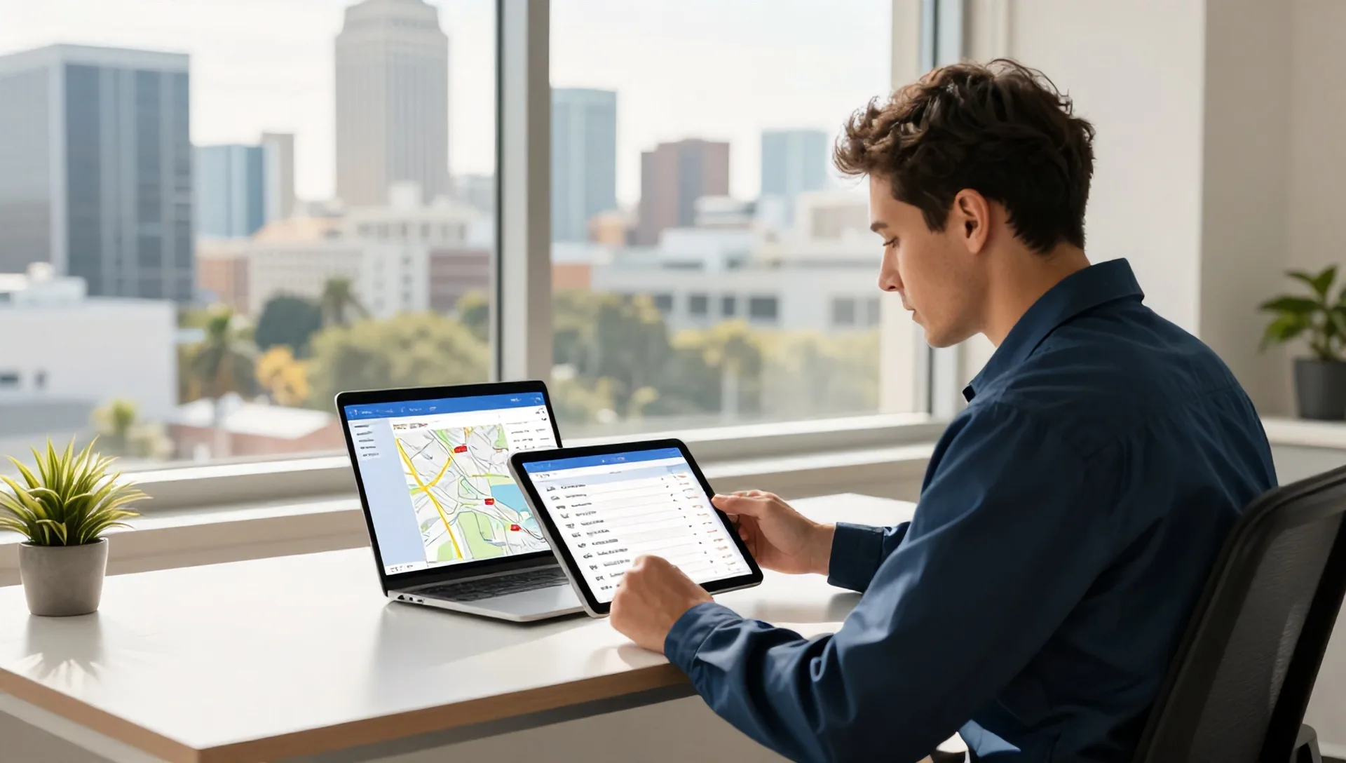 A home services contractor reviewing local search rankings on a tablet. A professional in work attire seated at a clean, modern desk in a sunlit Tampa office,…