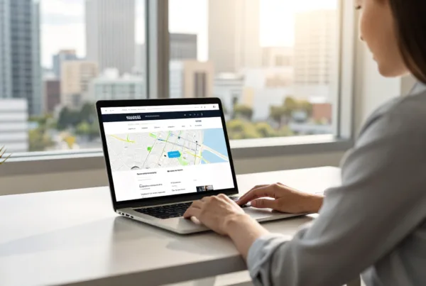 A web designer reviewing a local business website on a laptop. A professional seated at a clean, modern desk in a sunlit Tampa office, the city skyline visible…