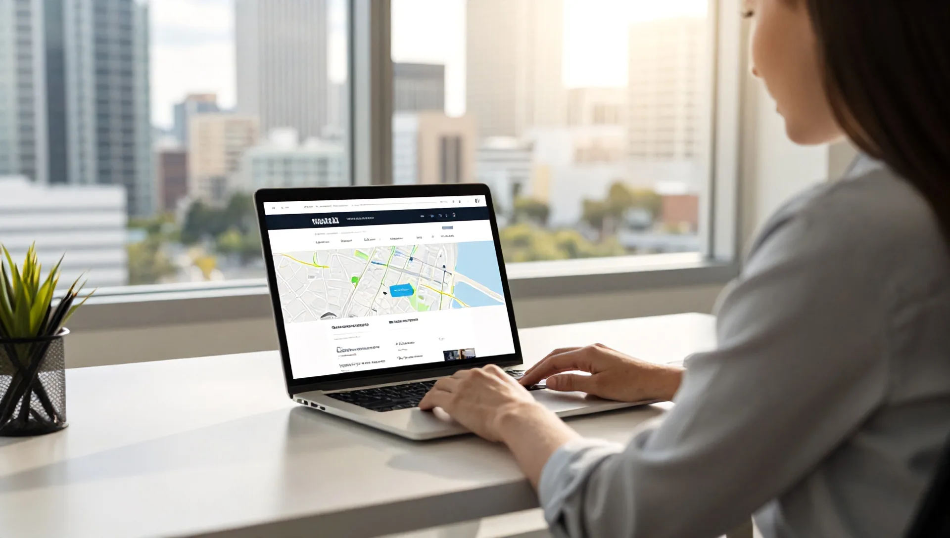 A web designer reviewing a local business website on a laptop. A professional seated at a clean, modern desk in a sunlit Tampa office, the city skyline visible…