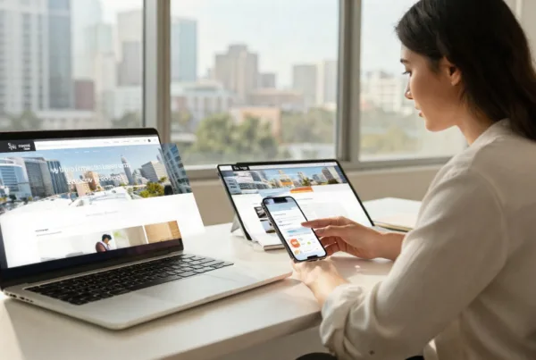 A designer testing a business website across a laptop, tablet and phone. A professional seated at a clean, modern desk in a sunlit Tampa office, the city skyli…