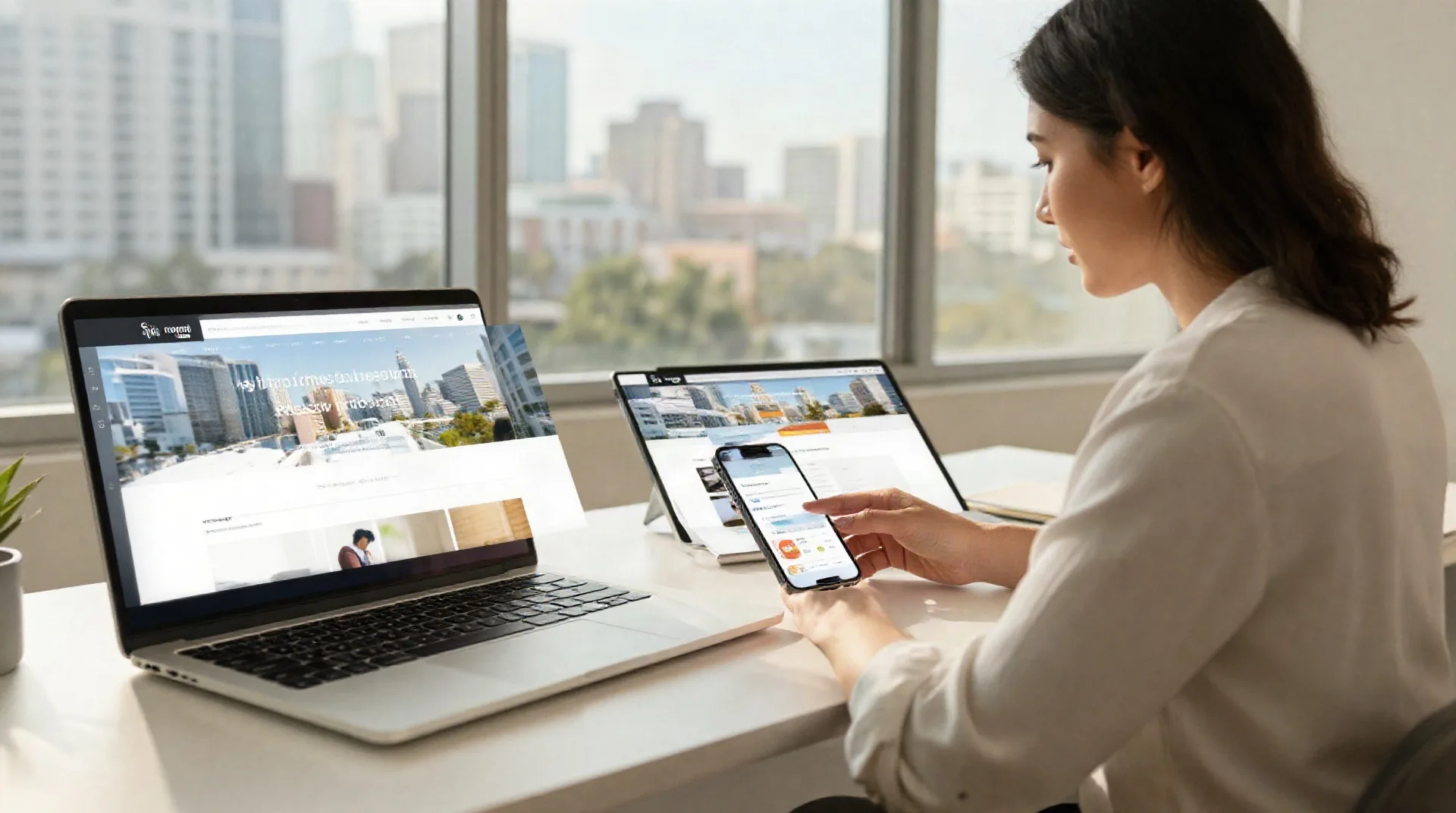 A designer testing a business website across a laptop, tablet and phone. A professional seated at a clean, modern desk in a sunlit Tampa office, the city skyli…
