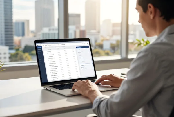 A content strategist reviewing an AI content analysis dashboard on a laptop. A professional seated at a clean, modern desk in a sunlit Tampa office, the city s…