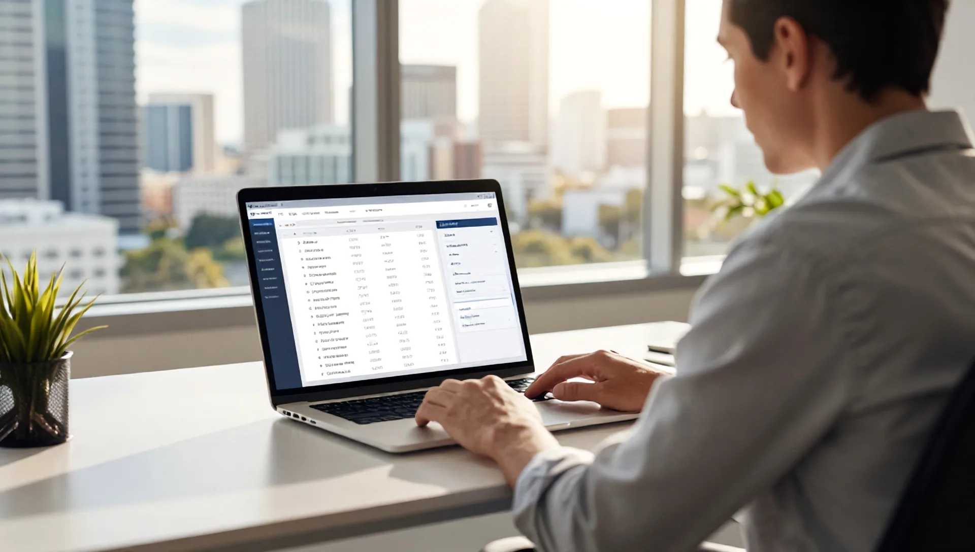 A content strategist reviewing an AI content analysis dashboard on a laptop. A professional seated at a clean, modern desk in a sunlit Tampa office, the city s…